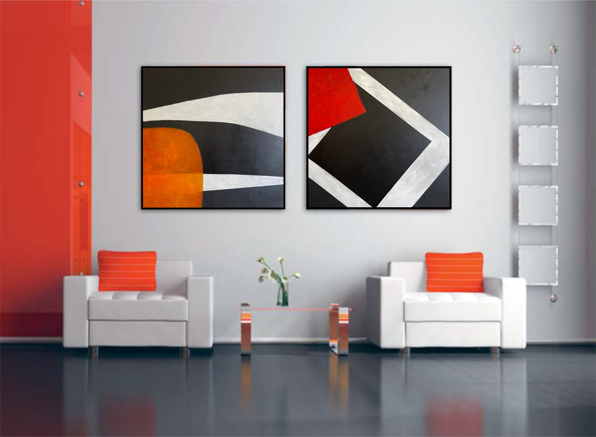 Original Tricolor Set of 2 Oil Paintings Abstract Black and White and