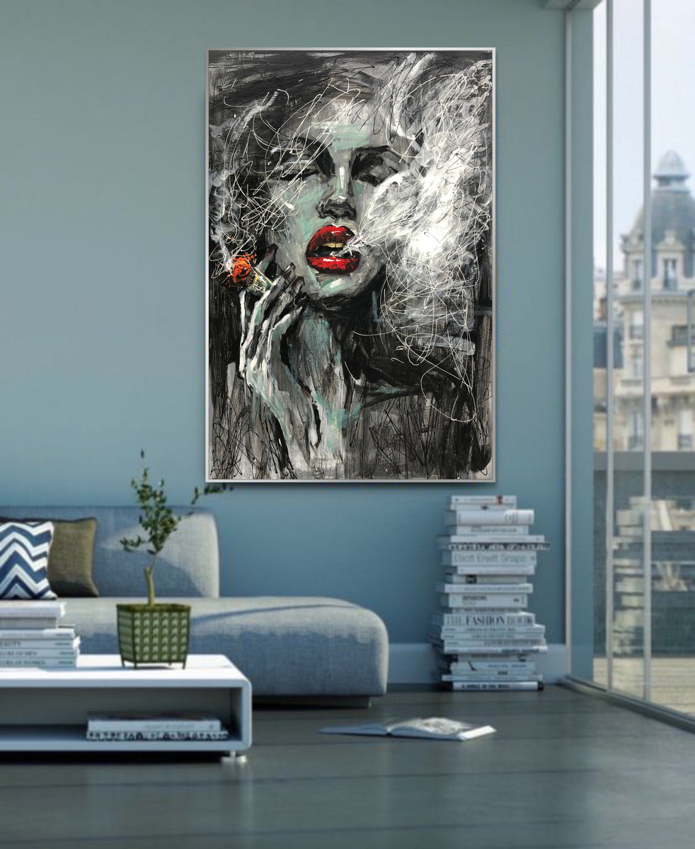 Large Original Abstract Oil Painting Smoking Woman Wall Art On Canvas ...