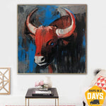 Abstract Cow Head Paintings On Canvas Colorful Expressionist Art In Blue, Red And Red Colors Textured Bull Artwork | RED COW 40"x40"