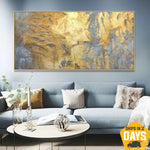 Original Abstract Gold Paintings On Canvas Original Modern Gold Leaf Art Grey Textured Luxury Painting | GOLDEN MIST 45.8"x90.9"