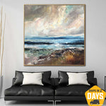 Original Abstract Sea Paintings On Canvas Seascape Oil Painting Beach Landscape Art Nature Painting Contemporary Art Wall Decor | AHEAD OF THE STORM 27.55"x27.55"