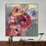 Large Flowers Painting Colorful Abstract Art: Pink Roses Wall Art as Textured Artwork on Canvas for Modern Living Room Wall Decor | BLOOMING