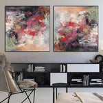 Large Abstract Set of 2 Paintings in Pink, Red, Green and Beige Colors Modern Canvas Fine Art Handmade Artwork | AFTER THE RAIN