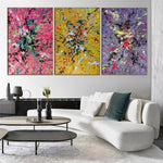Colorful Set Of 3 Original Violet Artwork Pink and Yellow Paintings on Canvas for Room Decor | TRIPLE SPLASH