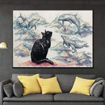Extra Large Abstract Art Cat Painting On Canvas Abstract Dolphin Painting Original Modern Impasto Wall Art | CAT'S DREAM