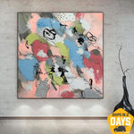 Large Abstract Oil Painting in Pink. Blue and Red Colors Modern Textured Wall Art as Hand Painted Art for Home Wall Decor | DREAMY PUZZLE 40"x40"