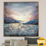 Abstract Landscape Painting on Canvas Large Mountains Wall Art Sunset Artwork Modern Oil Painting Staircase Wall Decor | OCEANIC WAVES 27.55"x27.55"