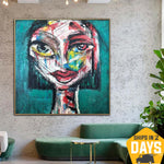 Extra Large Abstract Cubist Paintings On Canvas Original Pop Art Modern Face Painting Woman Face Painting | LADY BIRD 15.7"x15.7"