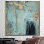 Large Abstract Painting on Canvas Turquoise Wall Art Neutral Artwork Personalized Painting 32x32 Art for Aesthetic Room Decor | FROSTY MORNING