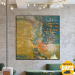 Large Abstract Painting on Canvas Green Painting Gold Leaf Artwork Vibrant Wall Art Abstract Impressionism Painting Hand Painted Art | TROPICAL BEACH 40"x40"