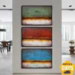 Large Set of 3 Paintings On Canvas Abstract Landscape Art Original Textured Colorful Painting Minimalist Art Wall Decor | TIME OF DAY 3P 47.1"x23.6"