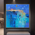 Large Original Abstract Blue Paintings On Canvas Textured OIl Painting Wall Art Creative Fine Art Modern Painting | MOON NIGHT