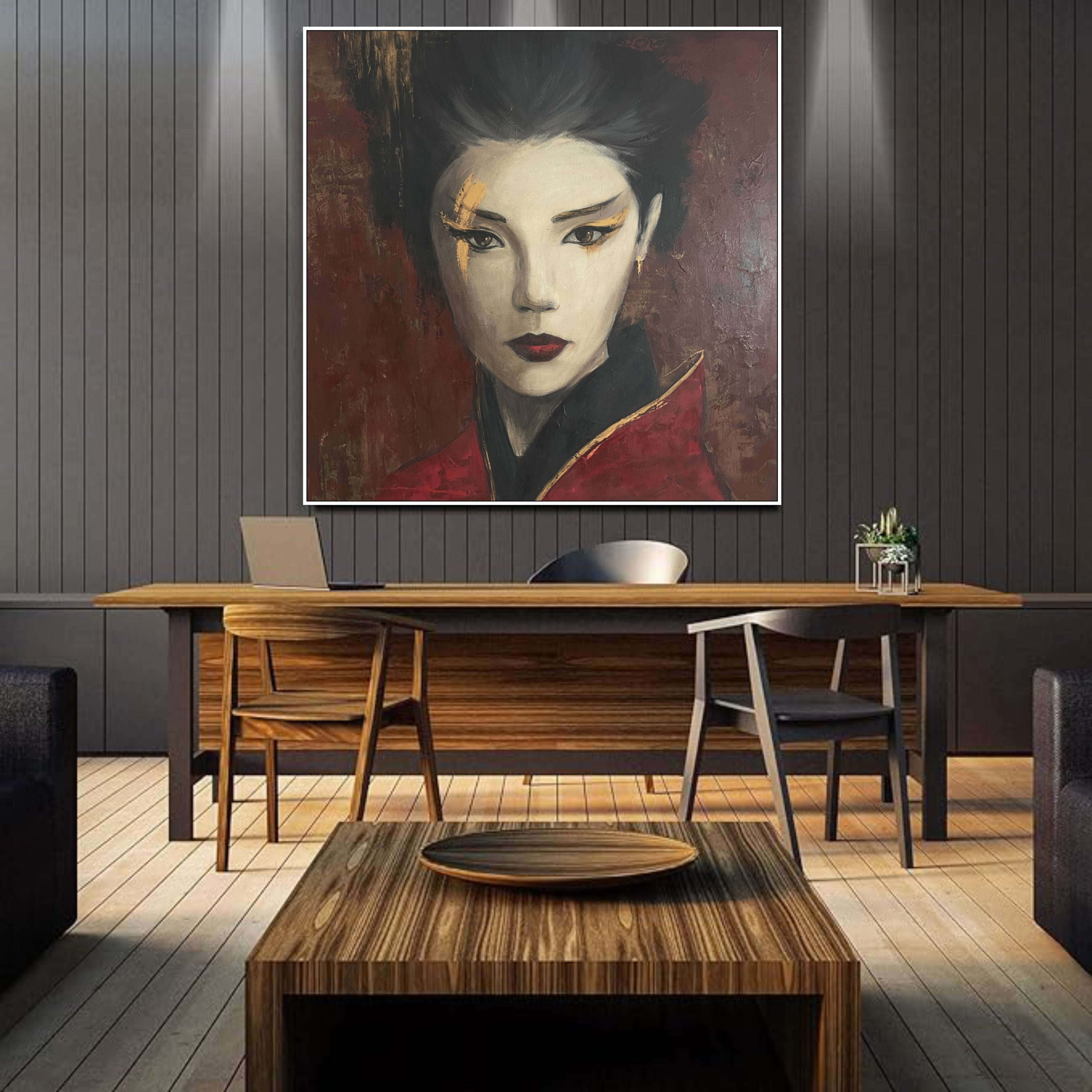 Large Abstract Asian Woman Paintings On Canvas Black And Red Colors Fi