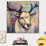 Abstract Deer Wall Art Canvas Large Oil Painting Wild Animal Artwork Vibrant Painting Contemporary Wall Art for Fireplace Decor | WILD DEER 50"x50"