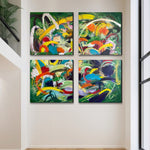 Abstract Colorful Set of 4 Paintings On Canvas, Acrylic Green Oil Painting, Custom Textured Artwork is a Perfect Decor for Living Room Decor | IT'S SPRING TIME