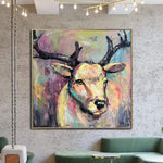Abstract Deer Art Canvas Original Animal Painting Vibrant Wall Art Heavy Textured Art Commissioned Oil Painting Wall Hanging Decor | WILD DEER