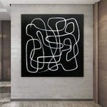 Abstract Black and White Paintings On Canvas Minimalist Art Monochrome Lines Painting Textured Geometric Art Abstract Labyrinth Painting | BLACK MAZE