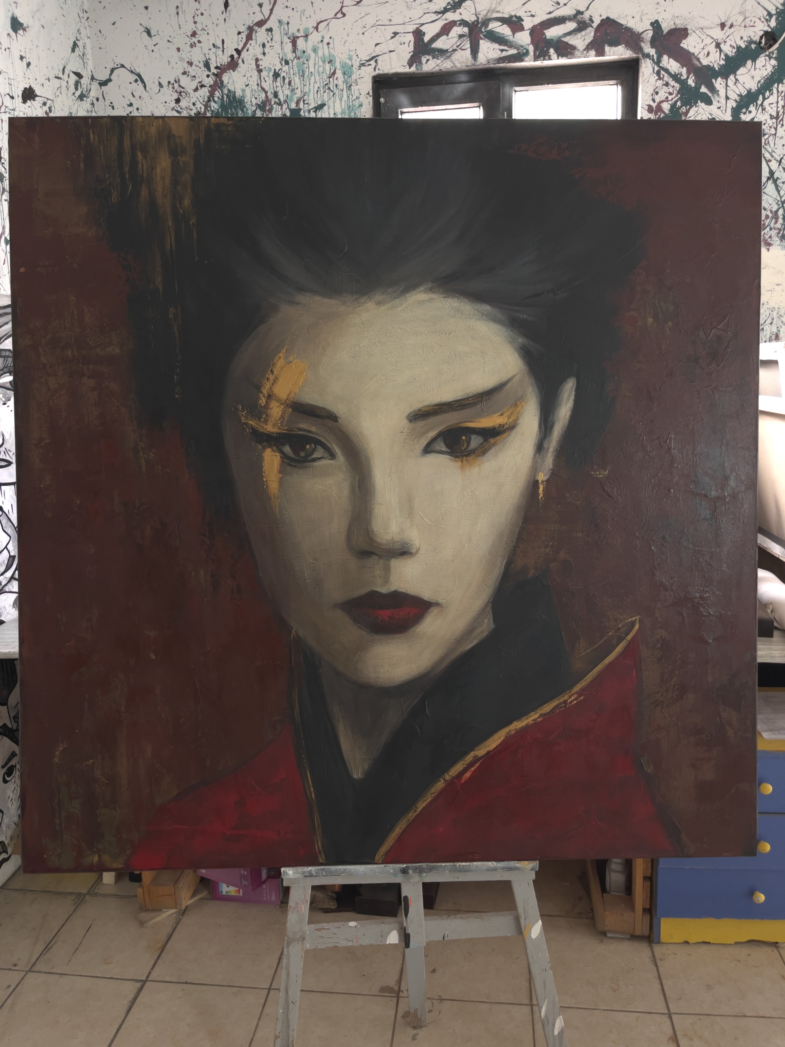 Large Abstract Asian Woman Paintings On Canvas Black And Red Colors Fi