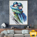 Large Romantic Painting on Canvas Couple in Love Wall Art Figurative Artwork Original Impasto Painting Gift for Anniversary | SUMMER HUGS 40"x30"