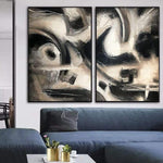 Modern Set Of 2 Abstract Beige Paintings Black and White Wall Artwork Large Living Room Decor | PROJECTED
