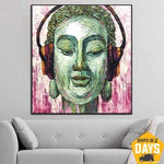 Large Original Buddha Painting Buddha With Headphones Fine Art Asian Oil Paintings On Canvas Wall Art Decor | INSPIRATIONAL VIBE 28"x28"