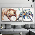 Stock Exchange Painting Set Of 3 Abstract Painting Triptych Grizzly Bear Artwork | BULL VS BEAR
